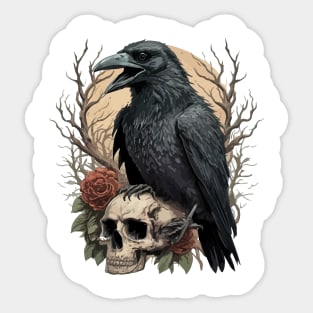 the raven with a skeleton head illustration Sticker